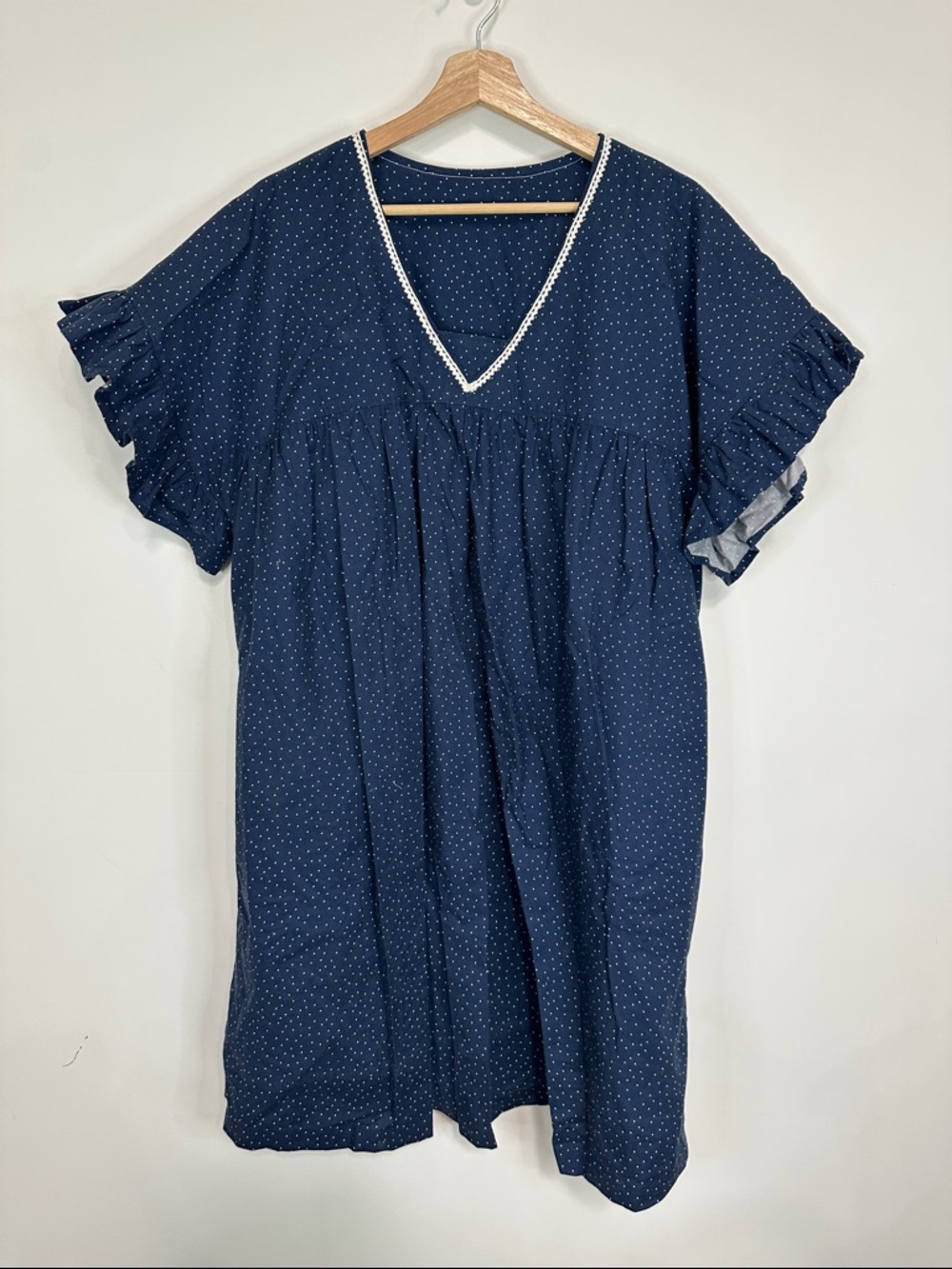 Navy Polka Dot V-Neck Ruffle Sleeve Women's Top